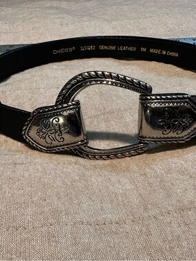 Chico's Black Leather Belt with Embossed Silver Buckle